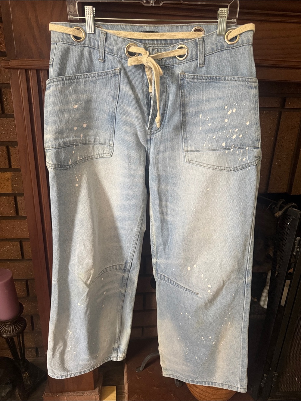 Flamingals Light Distressed Wash Wide Leg/Barrel Jeans with Rope Drawstring